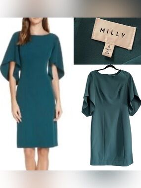 Milly Teal Cape Sleeve Sheath Dress - Size 4
(Made in USA)